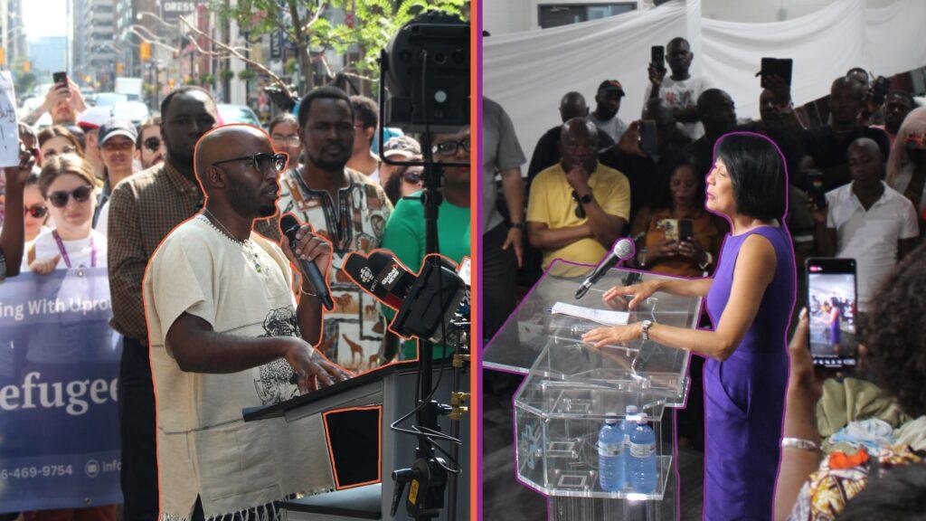 Kizito Musabimana on the lest and Mayor Olivia Chow on the right both standing behind podiums speaking to a crowd