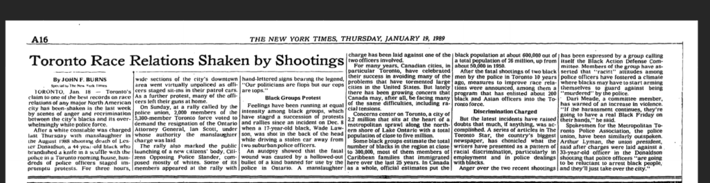 New York Times article from January 19, 1989, touching on the Lester Donaldson shooting and race relations in Toronto's Black community.