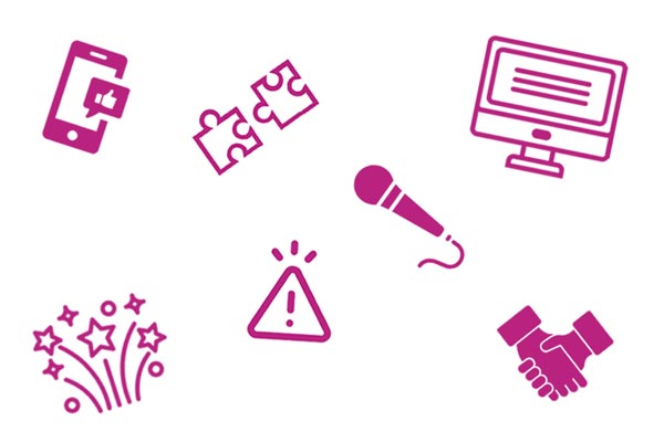 Collage of icons depicting services offered by DM&C: smartphone, puzzle pieces, computer, handshake, microphone, alert and fireworks.