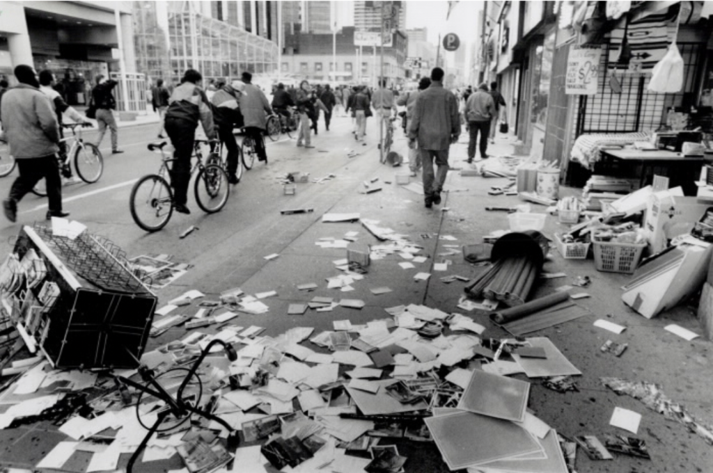 A destroyed newspaper stand during a protest on Yonge Street in 1992.