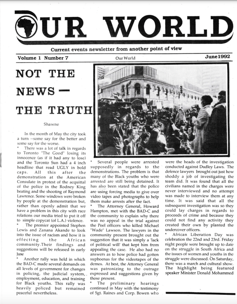 Our World newsletter reporting about race relations in Toronto, 1992.
