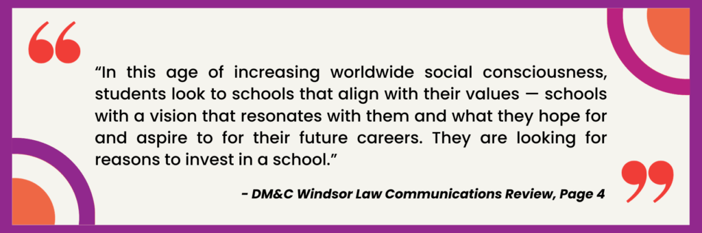 “In this age of increasing worldwide social consciousness, students look to schools that align with their values — schools with a vision that resonates with them and what they hope for and aspire to for their future careers. They are looking for reasons to invest in a school.” - DM&C Windsor Law Communications Review, Page 4