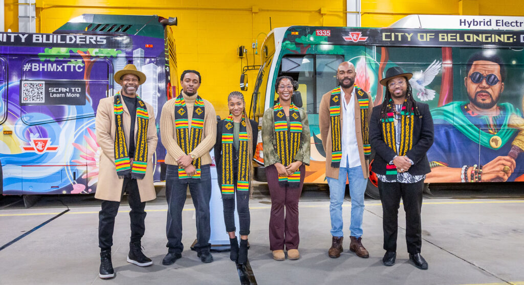 AstroSankofa artists celebrate at the launch event at TTC’s McNicolls Garage on February 3rd, 2025. From left to right: Jason O’Brien, Ugonna Ikechi, Jamera DaCosta, Shannia Lewis, Boloebi Charles Okah, Quentin VerCetty. Not pictured here, Jasana Alleyne