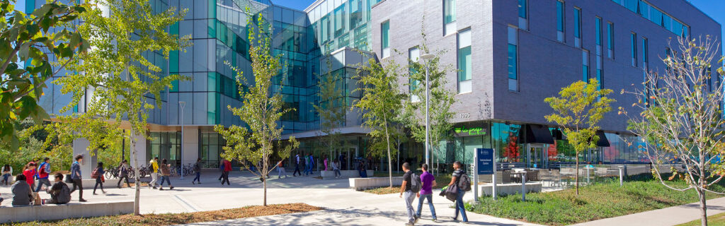 Exterior of the Instructional Centre at U of T Scarborough on a sunny day.